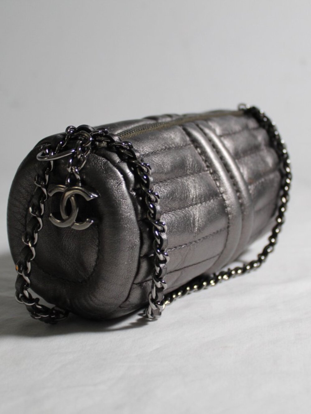 Chanel Leather Gunmetal Gray Barrel Quilted CC Handbag